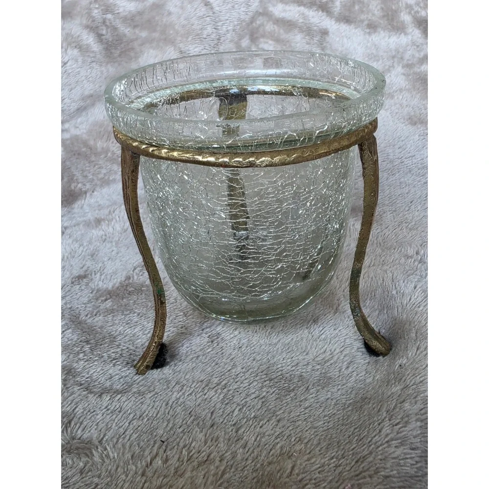 Vintage Crackle Glass Votive Candle Holder with Brass Tone Metal Tripod Stand